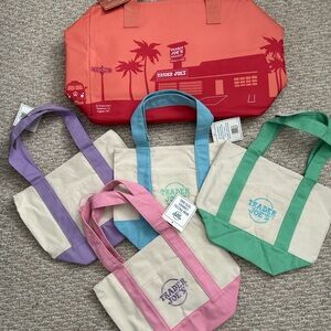 New Trader Joes 1 Large Insulated Bag & 4 Mini Pastel Canvas Tote Bags bundle